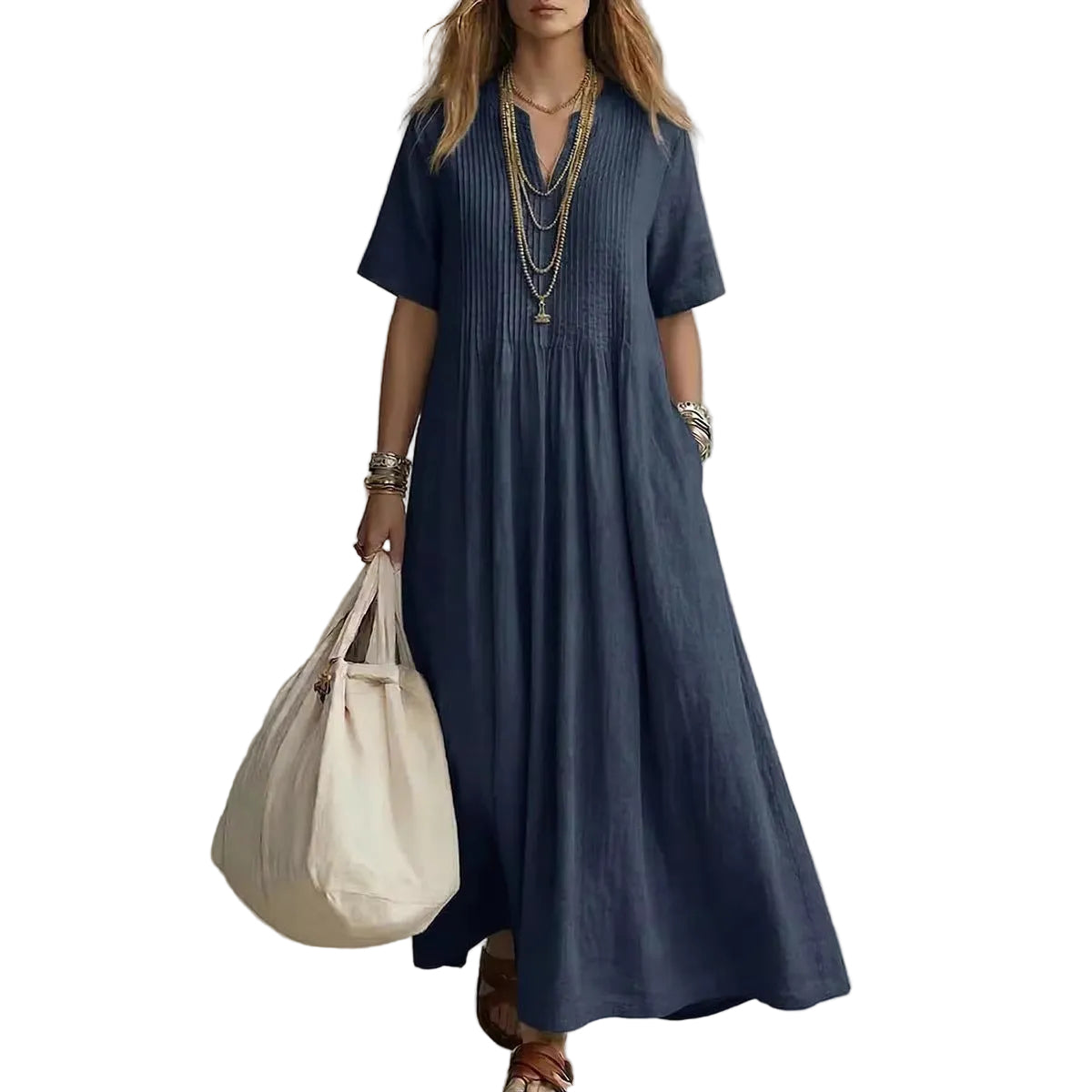 Casual V-Neck Cotton Linen Dress – Loose Pleated Short Sleeve Dress for Women