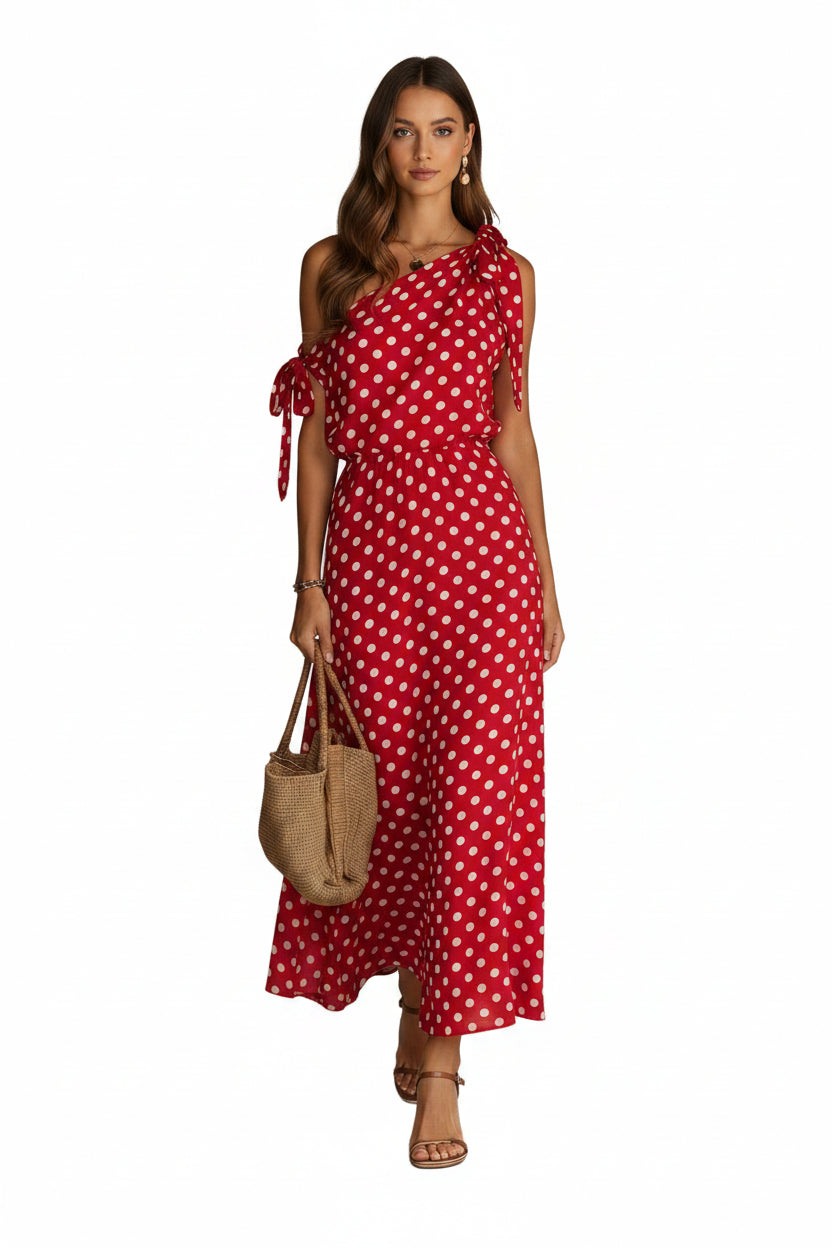 Polka Dot One-Shoulder Dress – Off-Shoulder Elegant Dress for Women