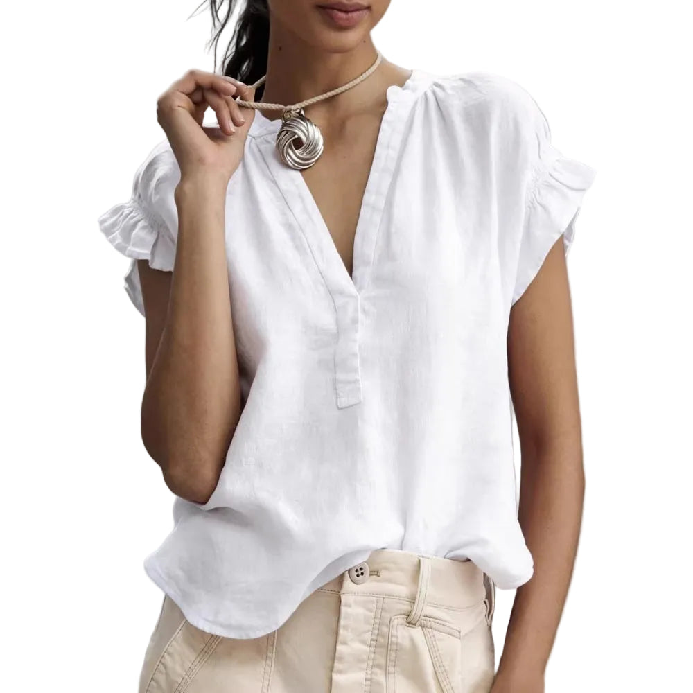 V-Neck Cotton Linen Top – Casual Short Sleeve Elegant Blouse for Women