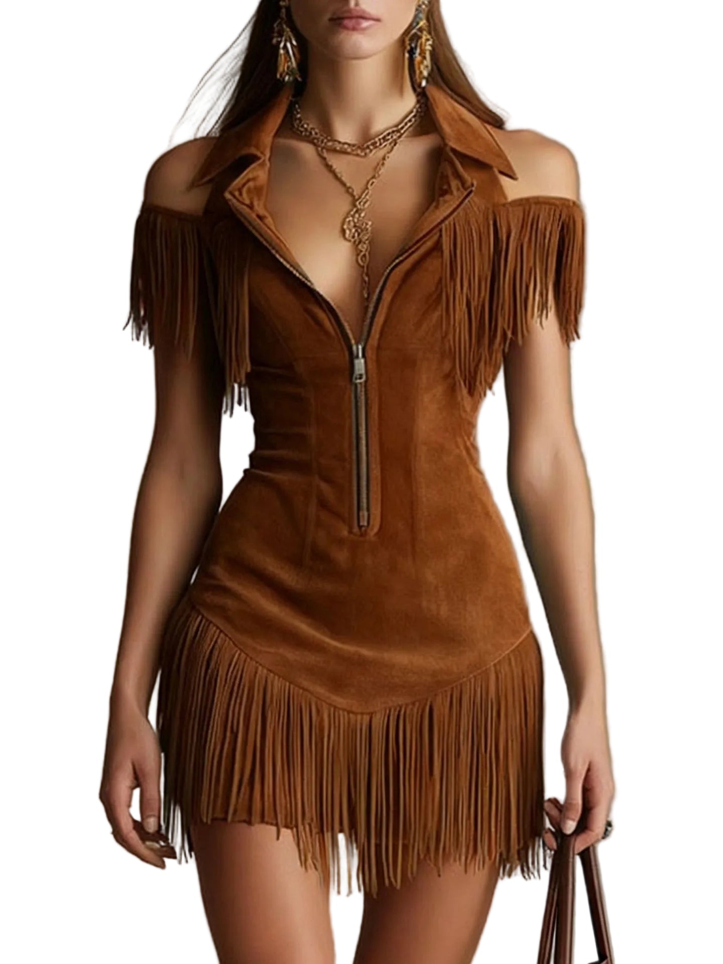 Off-Shoulder Suede Dress – Retro Tassel Elegant Dress for Women