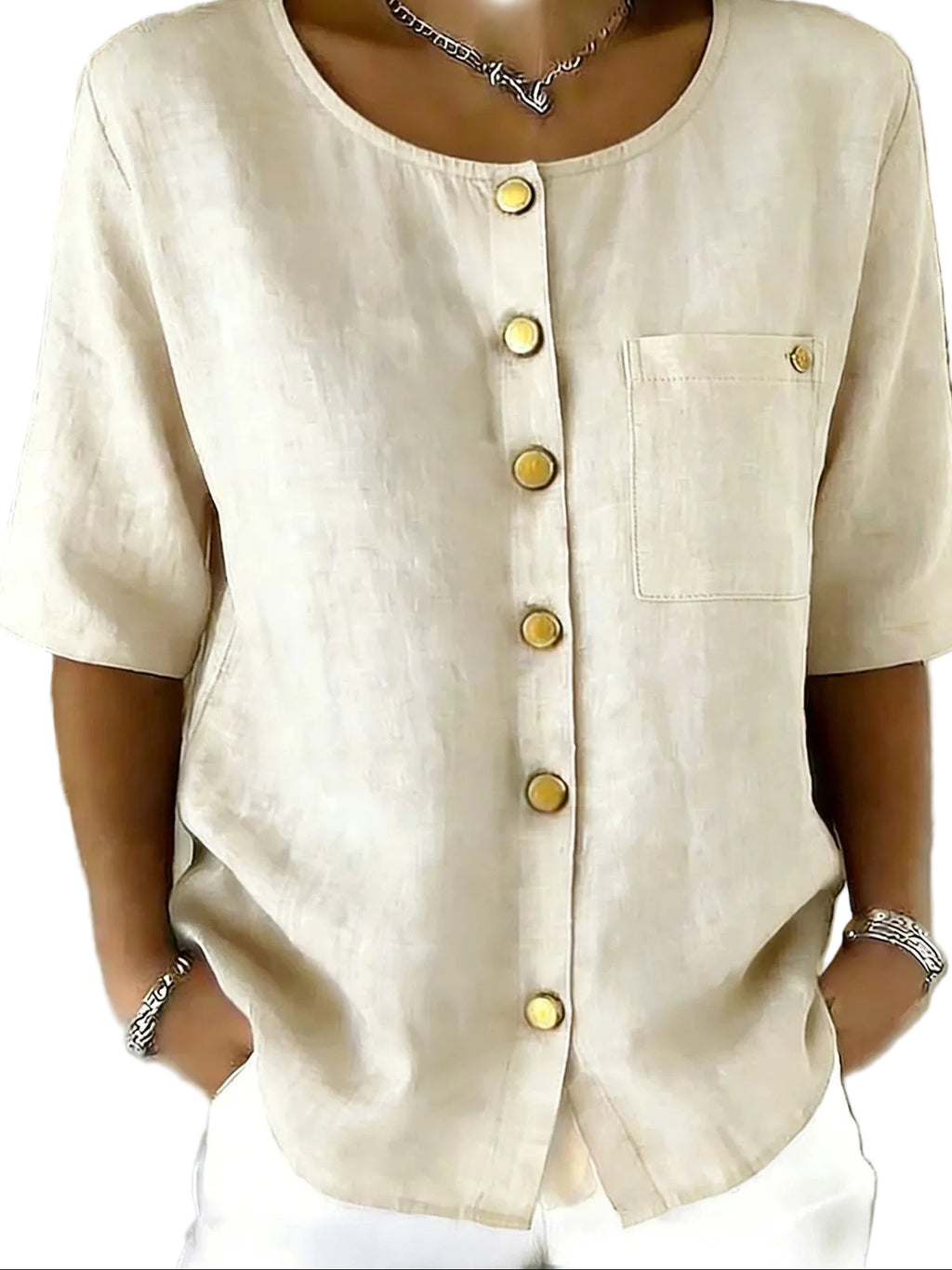 Crew-Neck Shirt with Metal Buttons – Three-Quarter Sleeve Top for Women