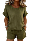 Casual 2 Piece Shorts Set – Round Neck Short Sleeve Outfit for Women