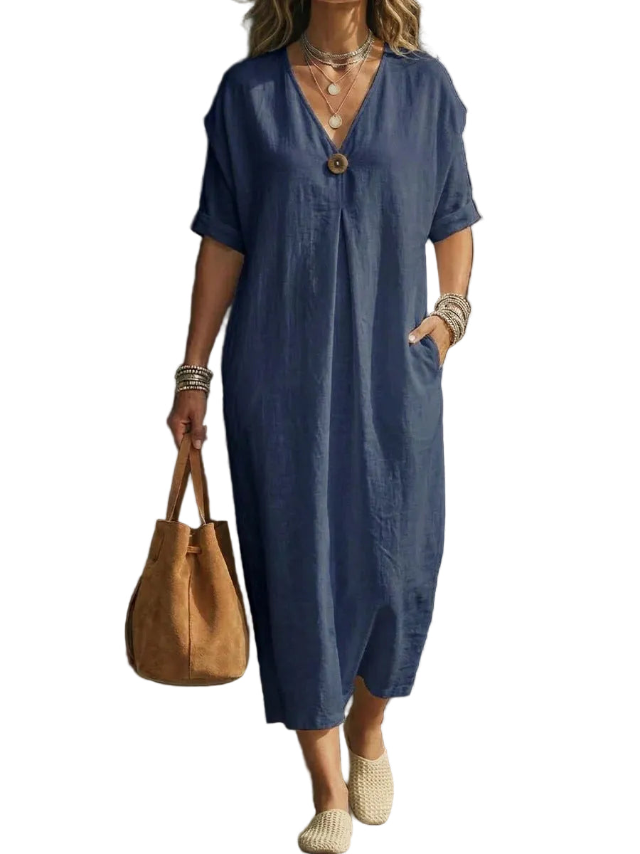 V-Neck Button Dress – Short Sleeve Casual Dress for Women