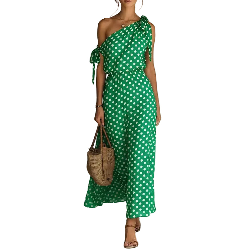 Polka Dot One-Shoulder Dress – Off-Shoulder Elegant Dress for Women