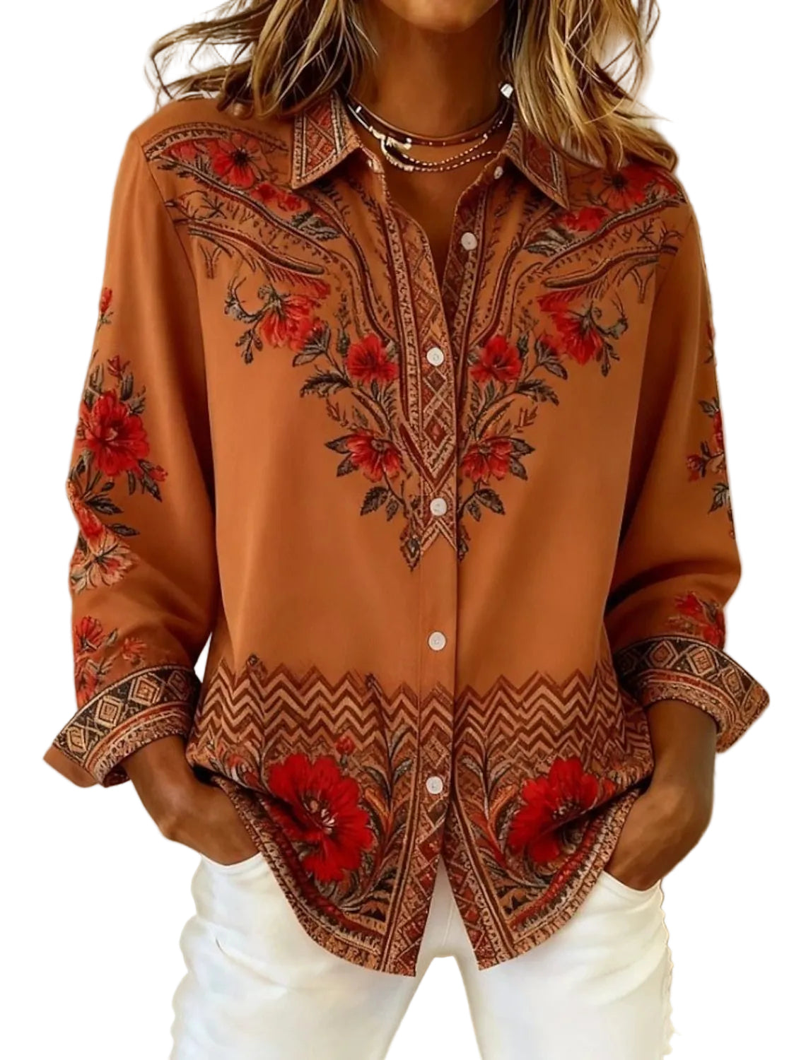 Printed Lapel Shirt – Loose Fit Long Sleeve Blouse for Women