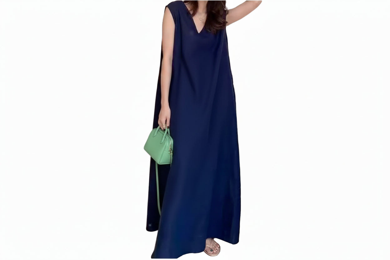 Mori Girl V-Neck Maxi Dress – Silk Linen Plus Size Tank Dress for Women