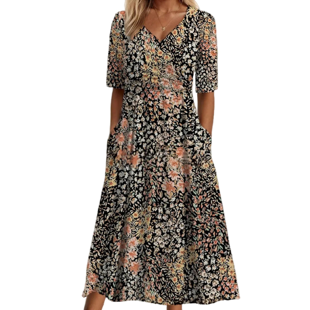 V-Neck Belted Maxi Dress – Short Sleeve Dress with Pockets for Women