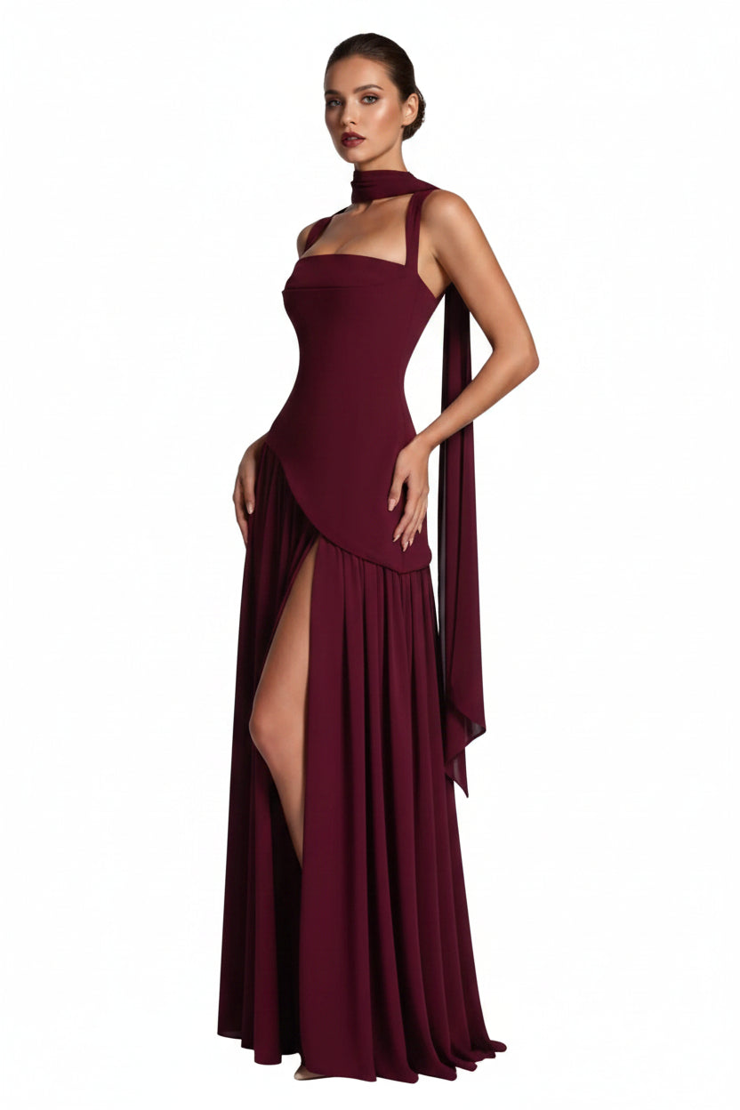 Lace-Up Maxi Dress – Ribbon Trim High-Slit Elegant Dress for Women