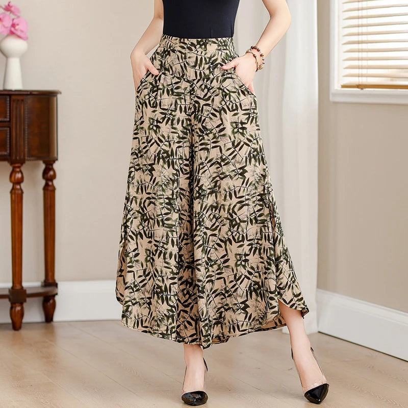 Summer Wide Leg Pants Women High Quality Loose Bohemian High Waist Skirt Pants Summer Vintage Trousers Women Bottoms