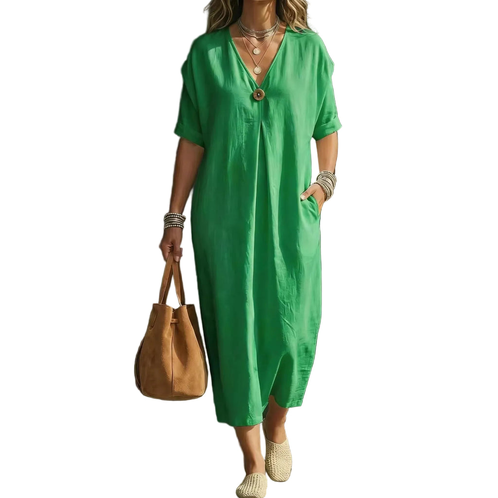 V-Neck Button Dress – Short Sleeve Casual Dress for Women