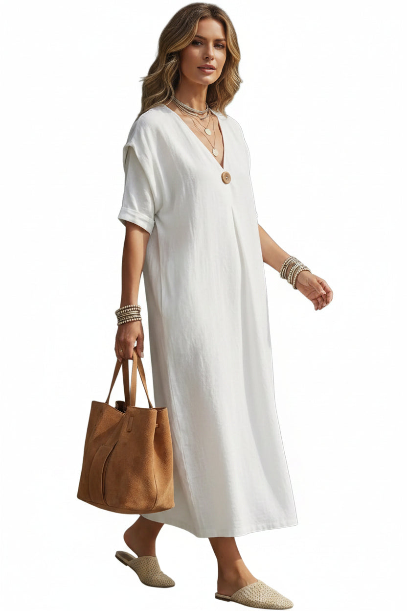 V-Neck Button Dress – Short Sleeve Casual Dress for Women