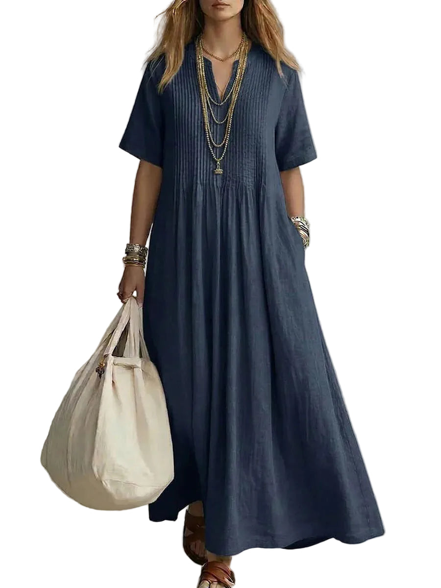 Casual V-Neck Cotton Linen Dress – Loose Pleated Short Sleeve Dress for Women