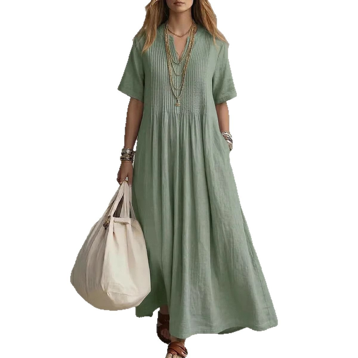 Casual V-Neck Cotton Linen Dress – Loose Pleated Short Sleeve Dress for Women