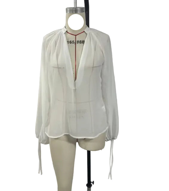 Deep V-Neck Chiffon Blouse – Lantern Sleeve Elegant Top for Women