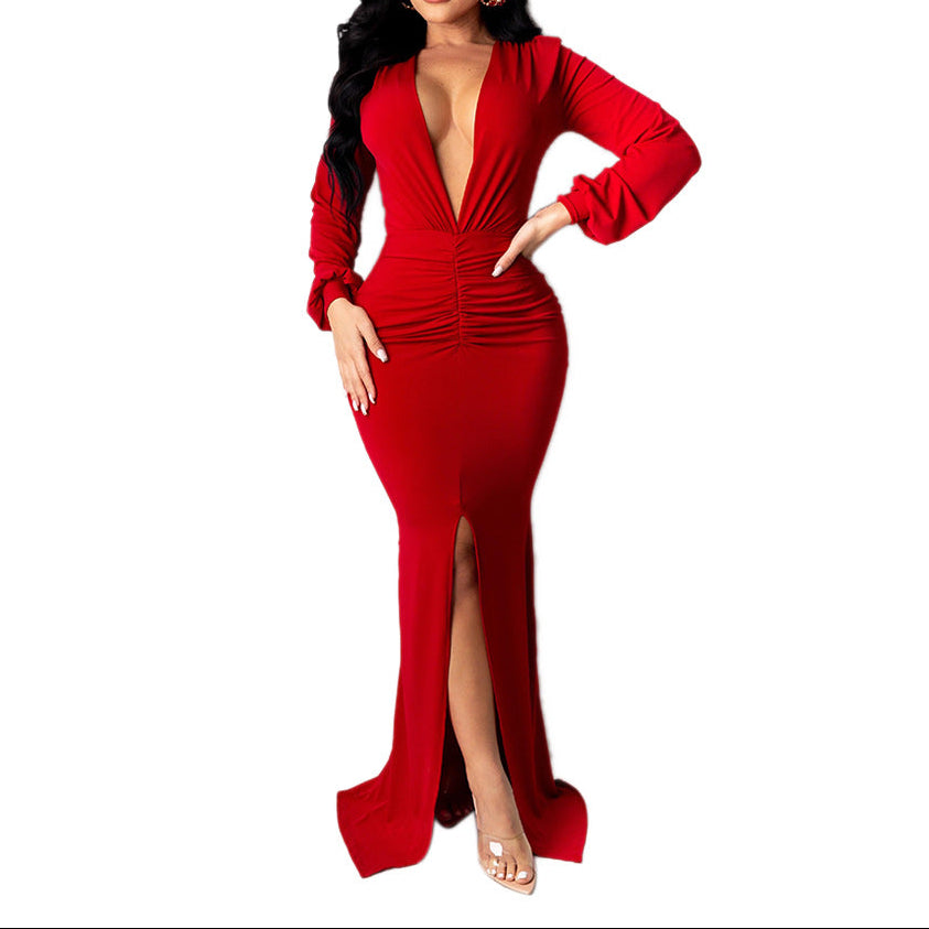 Deep V-Neck Slim-Fit Evening Dress