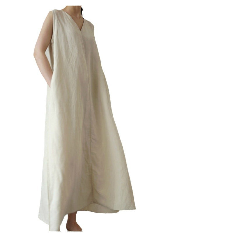 Mori Girl V-Neck Maxi Dress – Silk Linen Plus Size Tank Dress for Women