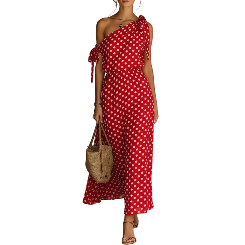 Polka Dot One-Shoulder Dress – Off-Shoulder Elegant Dress for Women