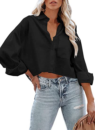 Women’s Chic Cropped Button-Up Shirt – Long Sleeve Casual Outerwear