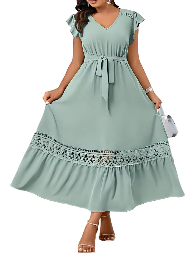 V-Neck Lace Patchwork Dress – Elegant Short Sleeve Dress for Women