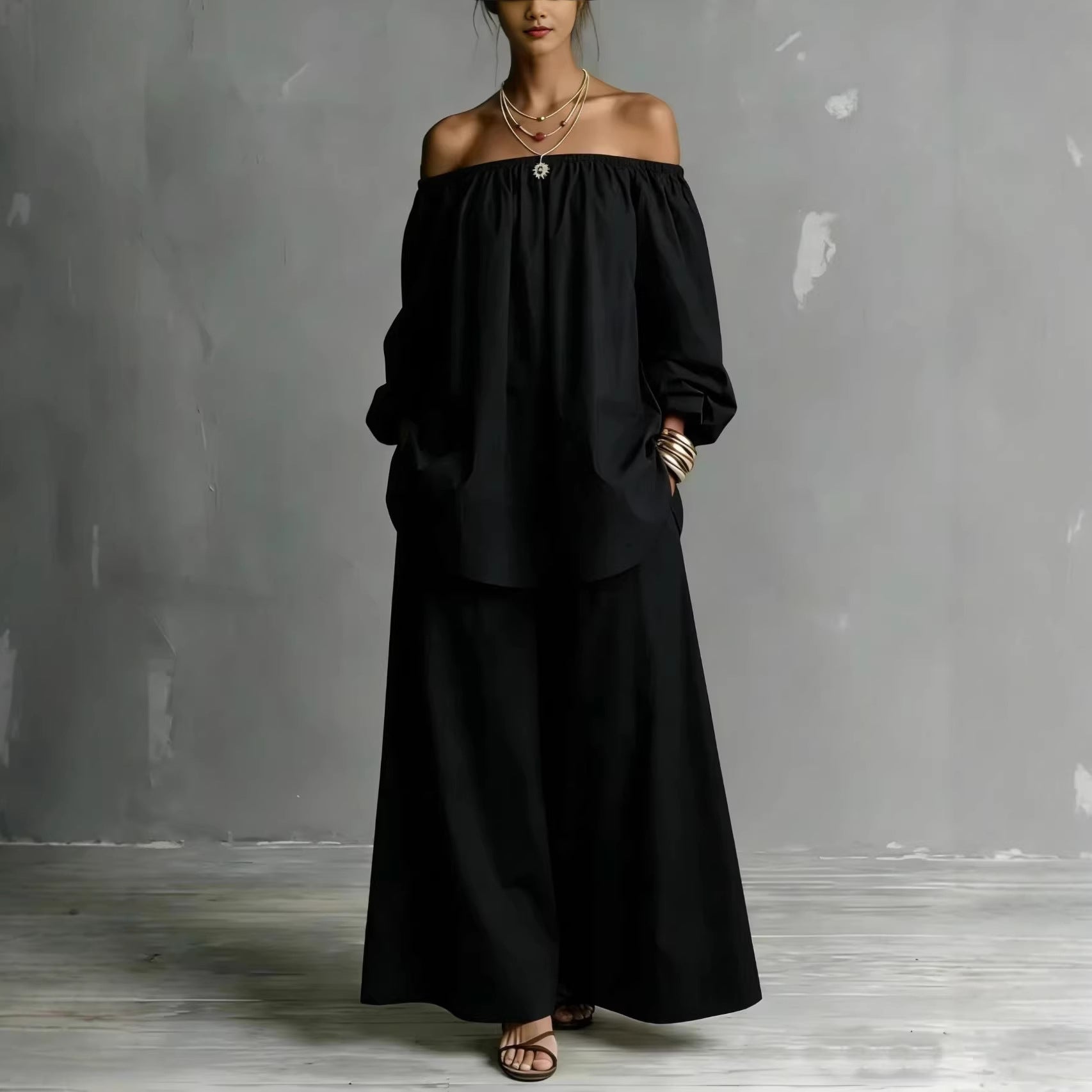 Off-Shoulder Women’s Cotton & Linen Wide-Leg Pants Set