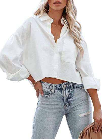 Women’s Chic Cropped Button-Up Shirt – Long Sleeve Casual Outerwear