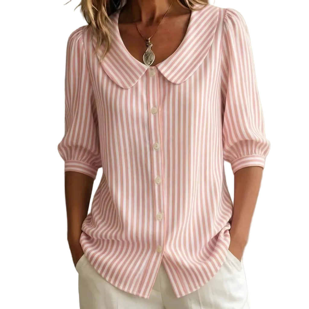 Striped V-Neck Top – Mid-Sleeve Casual T-Shirt for Women