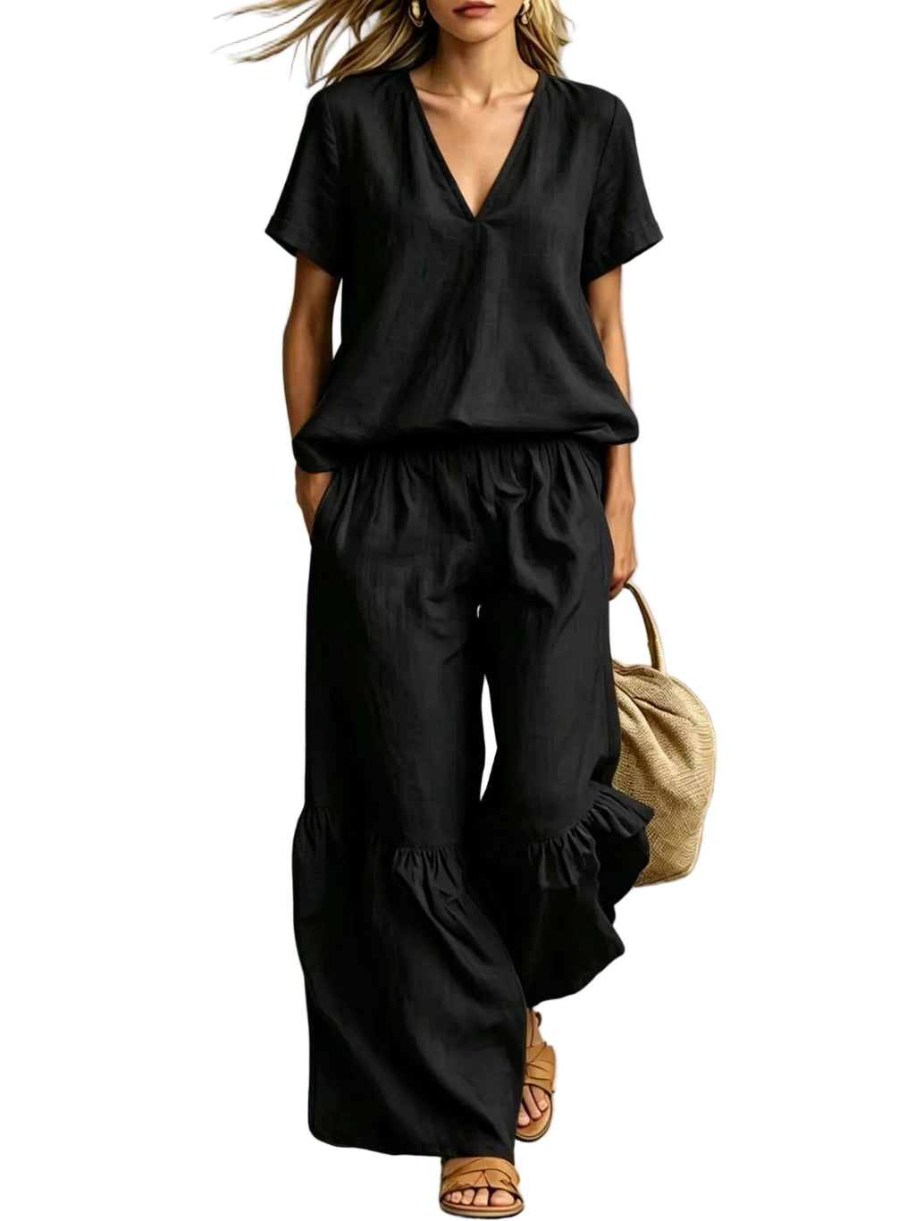 Casual V-Neck 2 Piece Set – Loose Top & Pants for Women