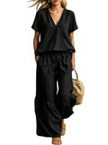 Casual V-Neck 2 Piece Set – Loose Top & Pants for Women