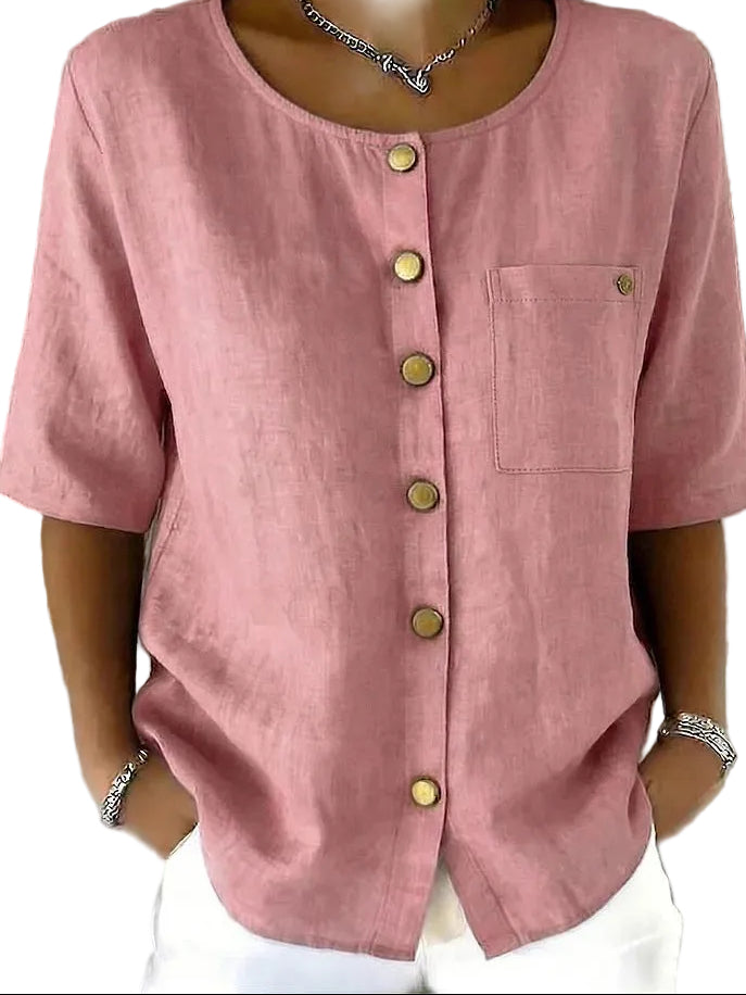 Crew-Neck Shirt with Metal Buttons – Three-Quarter Sleeve Top for Women