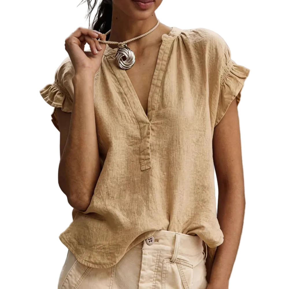 V-Neck Cotton Linen Top – Casual Short Sleeve Elegant Blouse for Women