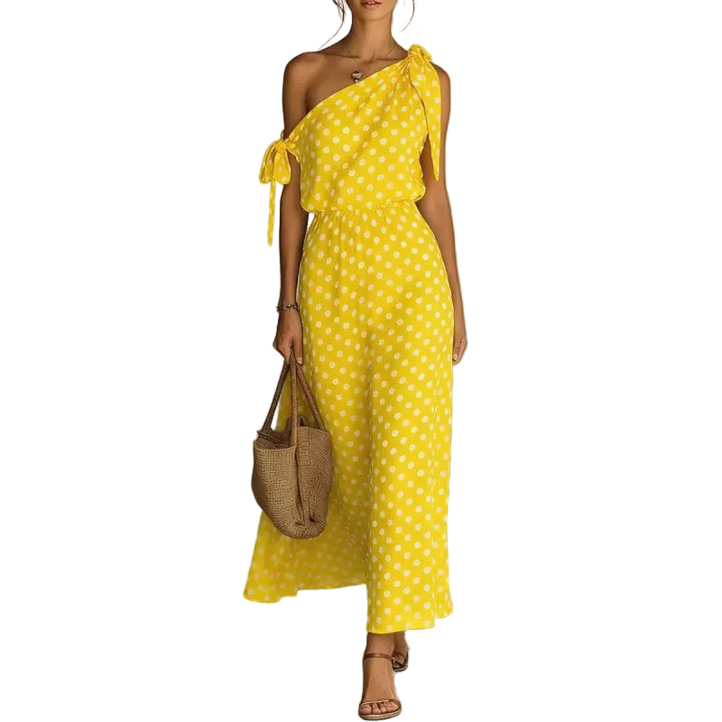 Polka Dot One-Shoulder Dress – Off-Shoulder Elegant Dress for Women