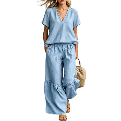 Casual V-Neck 2 Piece Set – Loose Top & Pants for Women