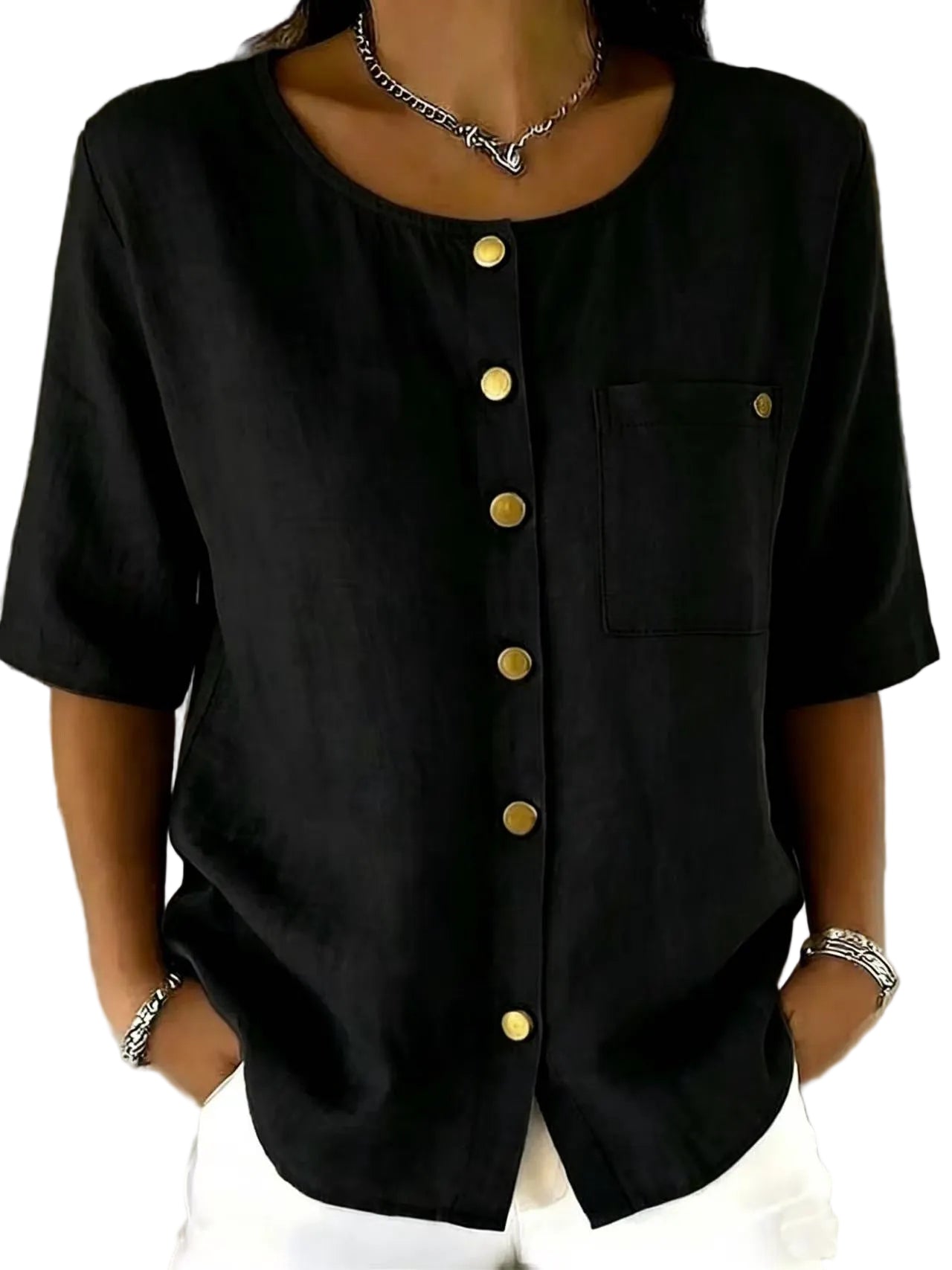 Crew-Neck Shirt with Metal Buttons – Three-Quarter Sleeve Top for Women