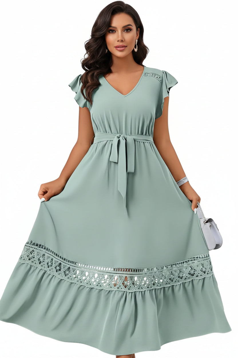 V-Neck Lace Patchwork Dress – Elegant Short Sleeve Dress for Women