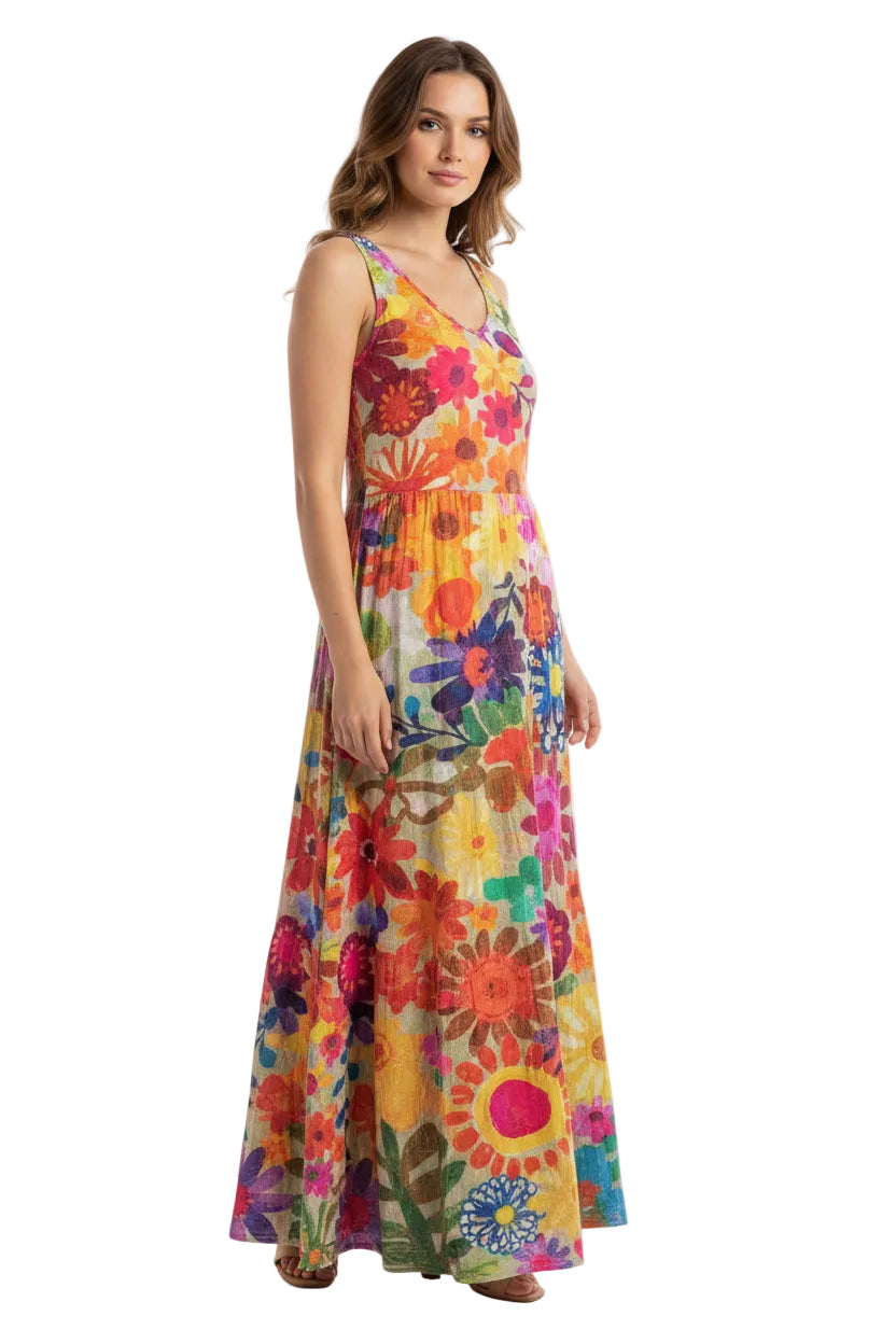 V-Neck Printed Summer Dress – Sleeveless Casual Dress for Women