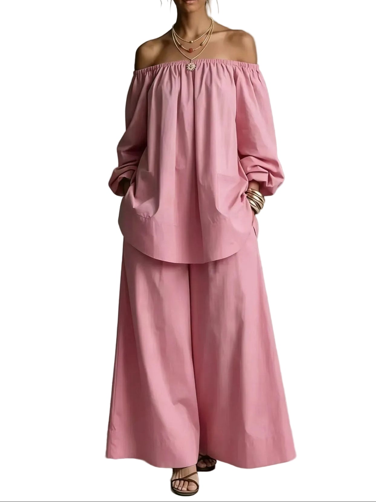 Off-Shoulder Women’s Cotton & Linen Wide-Leg Pants Set