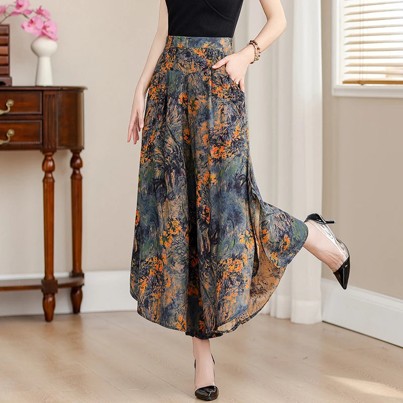 Summer Wide Leg Pants Women High Quality Loose Bohemian High Waist Skirt Pants Summer Vintage Trousers Women Bottoms