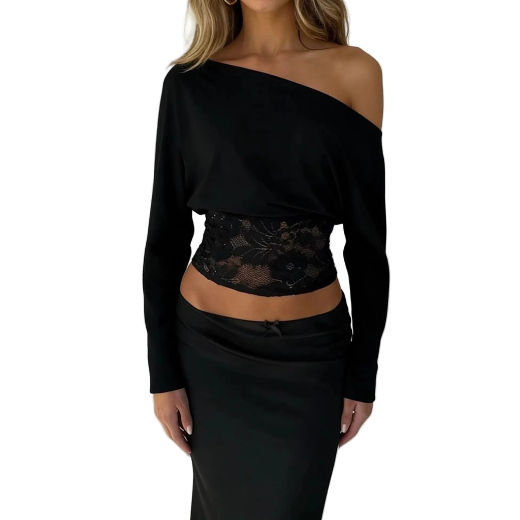 Off-Shoulder Lace Patchwork Top – Batwing Sleeve Solid Color Blouse for Women