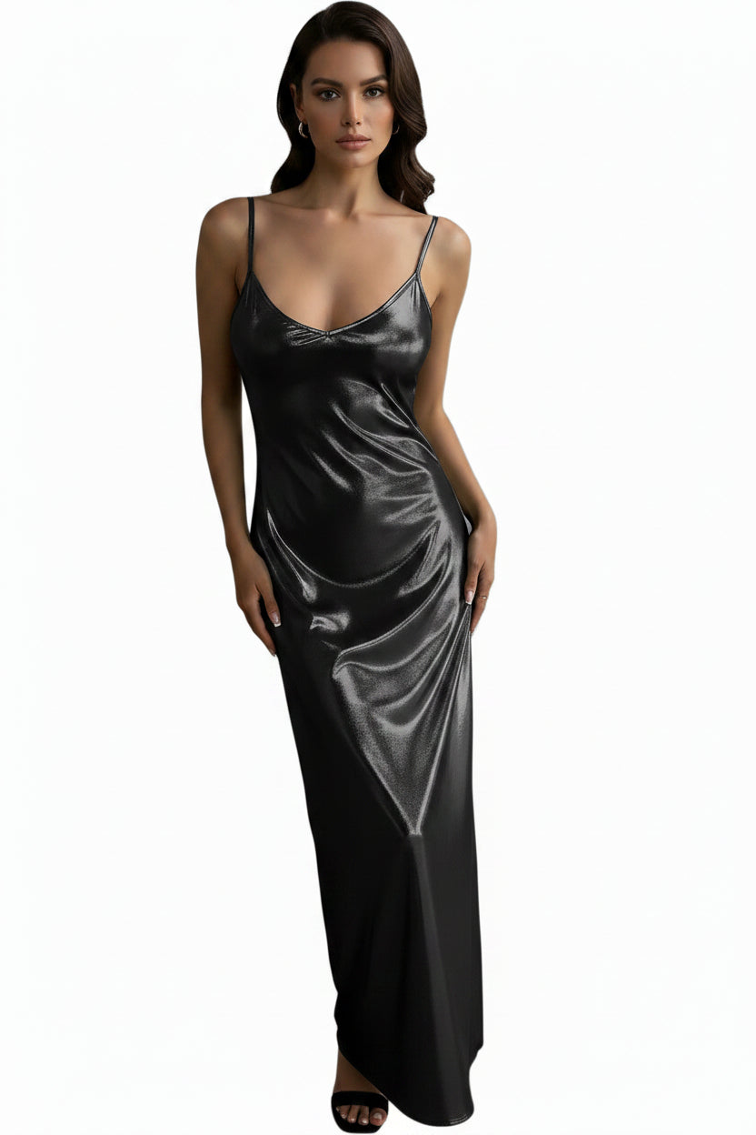 Textured Slip Dress – U-Neck Mirror-Finish Solid Color Dress with Pockets