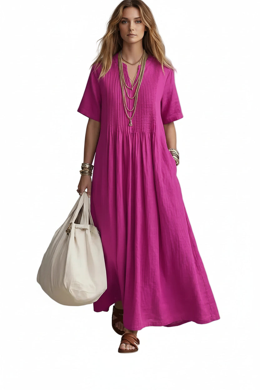 Casual V-Neck Cotton Linen Dress – Loose Pleated Short Sleeve Dress for Women