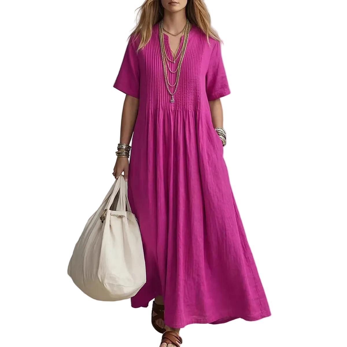 Casual V-Neck Cotton Linen Dress – Loose Pleated Short Sleeve Dress for Women