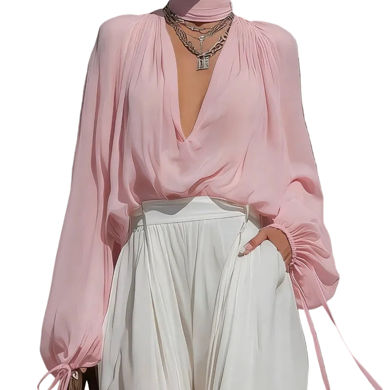 Deep V-Neck Chiffon Blouse – Lantern Sleeve Elegant Top for Women