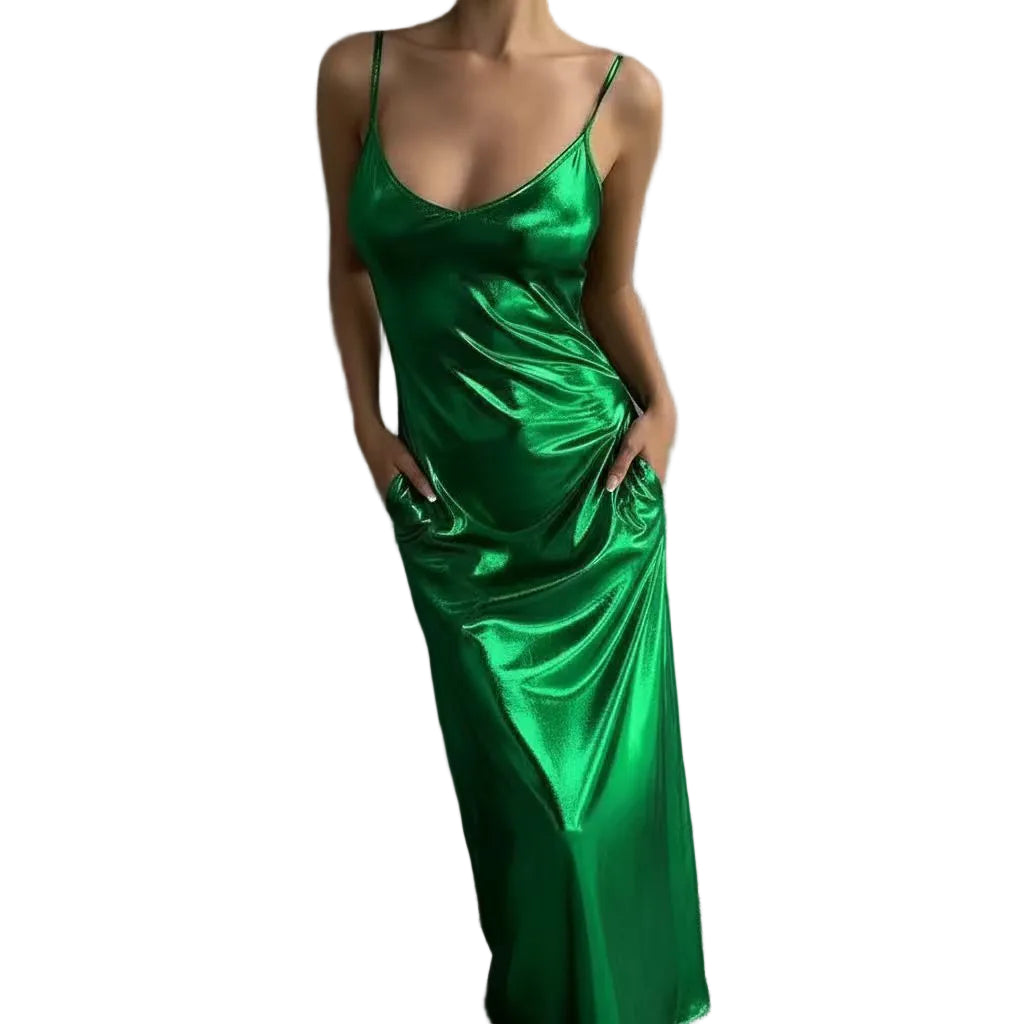 Textured Slip Dress – U-Neck Mirror-Finish Solid Color Dress with Pockets