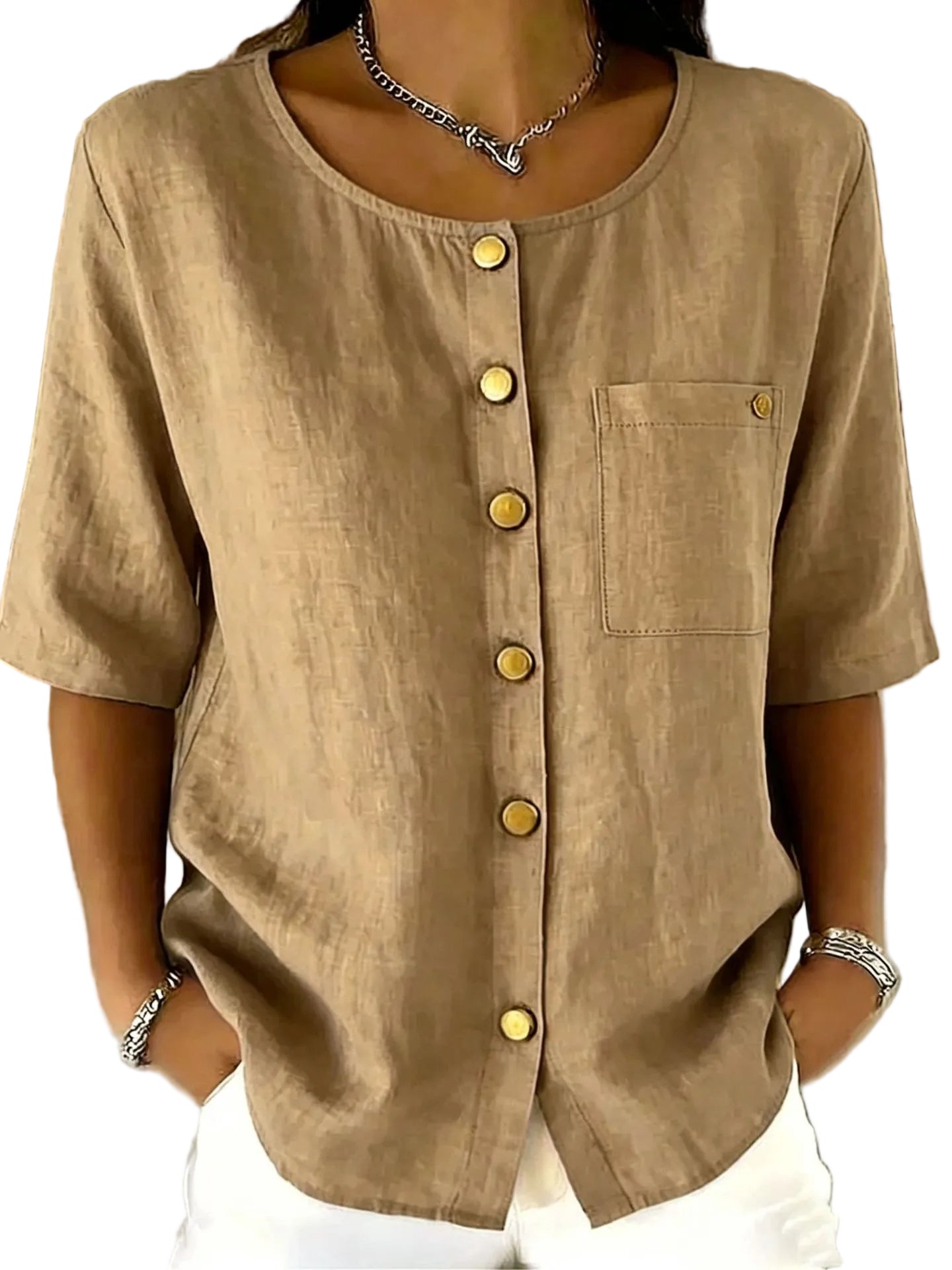 Crew-Neck Shirt with Metal Buttons – Three-Quarter Sleeve Top for Women