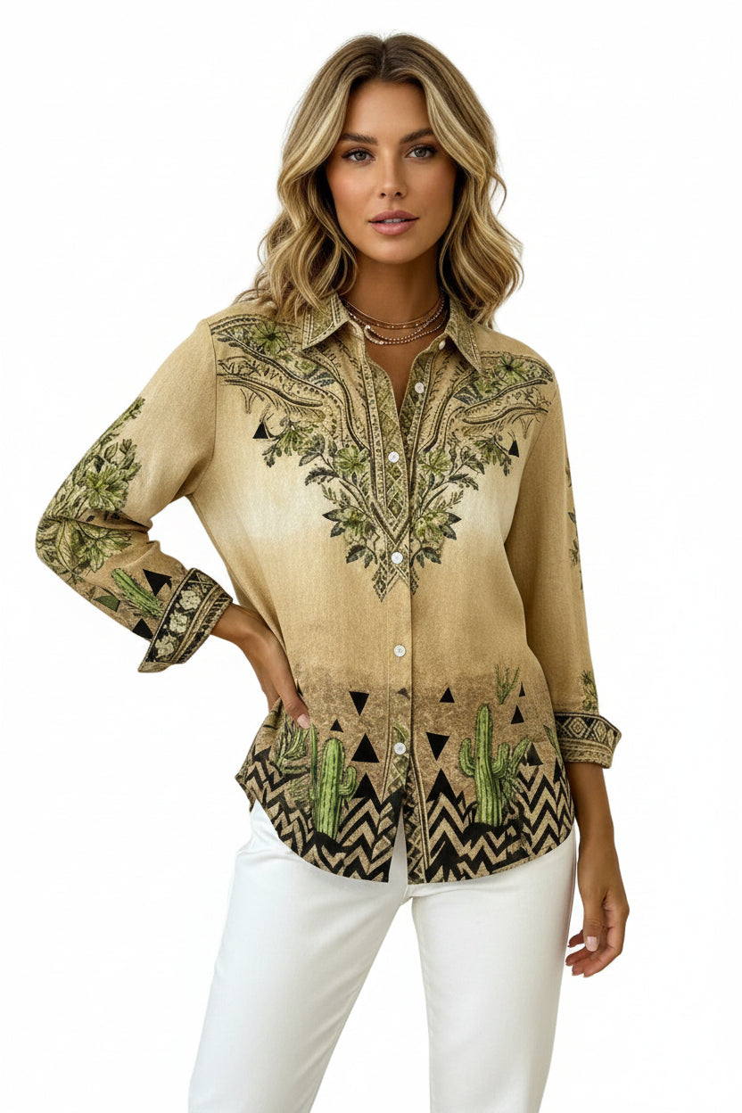 Printed Lapel Shirt – Loose Fit Long Sleeve Blouse for Women