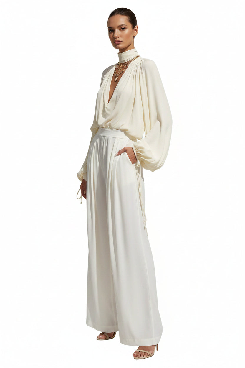 Deep V-Neck Chiffon Blouse – Lantern Sleeve Elegant Top for Women