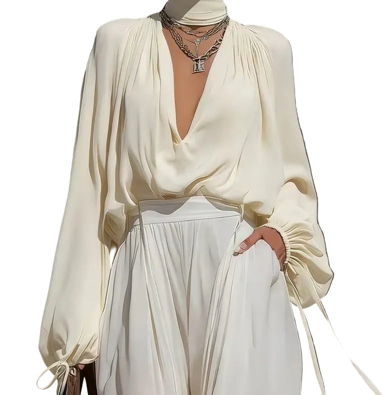 Deep V-Neck Chiffon Blouse – Lantern Sleeve Elegant Top for Women