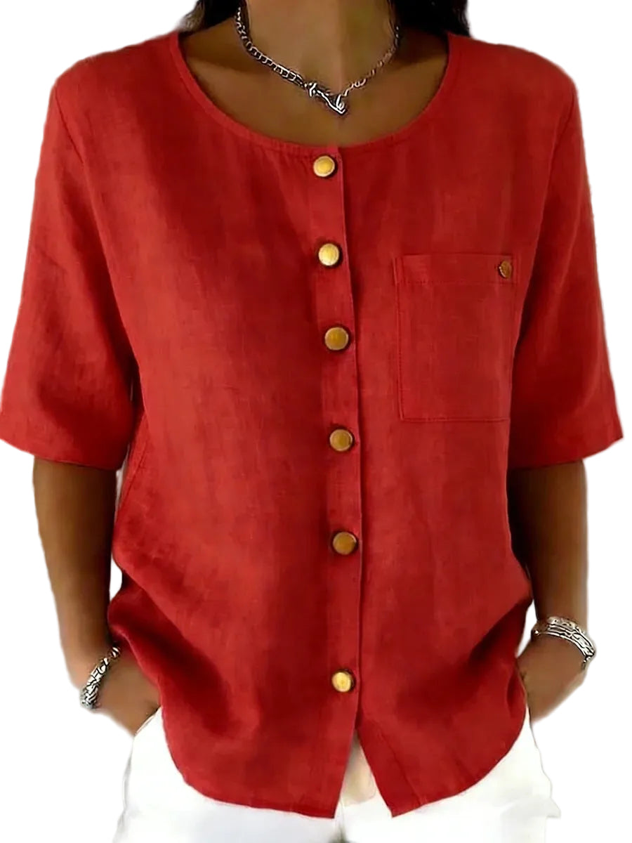 Crew-Neck Shirt with Metal Buttons – Three-Quarter Sleeve Top for Women