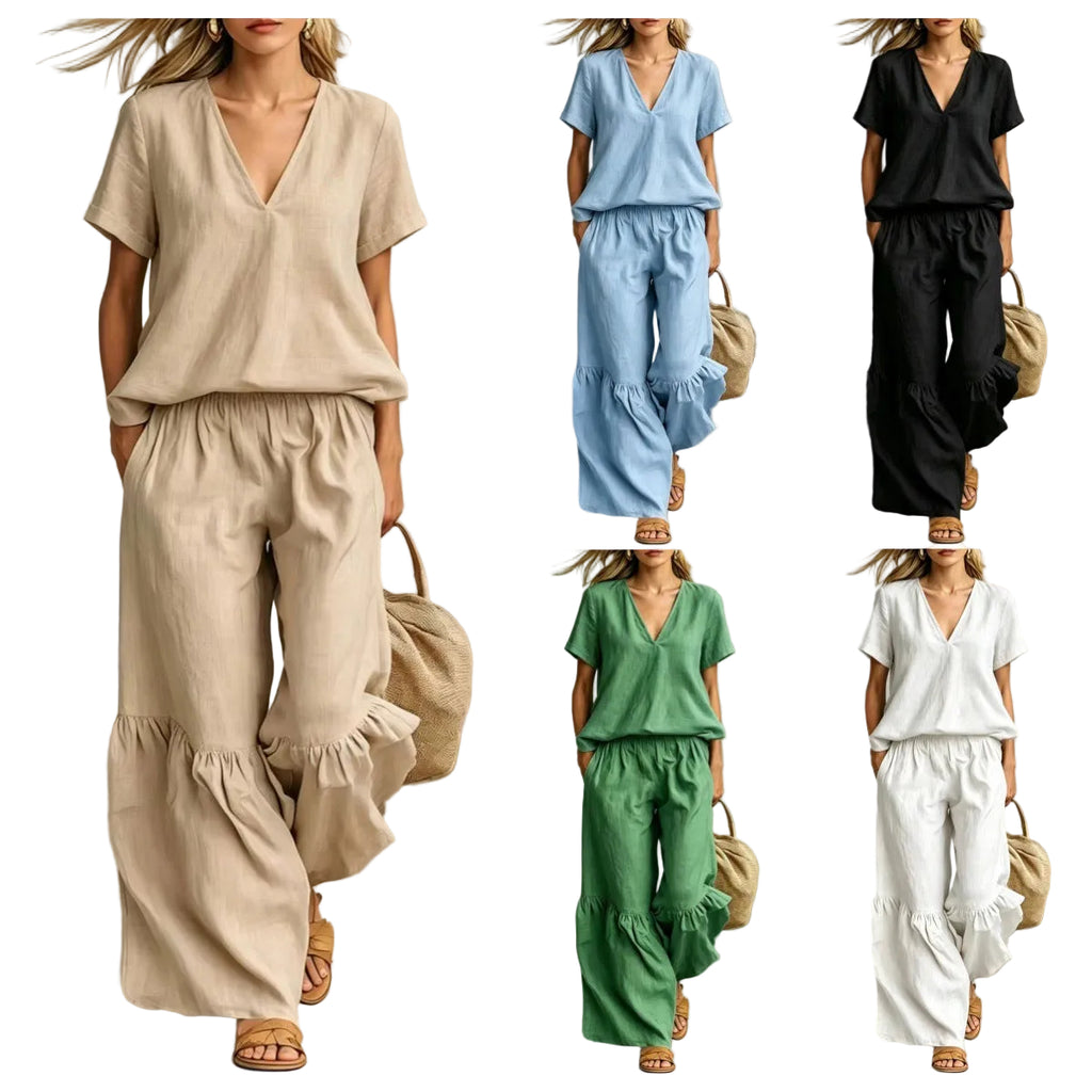 Casual V-Neck 2 Piece Set – Loose Top & Pants for Women