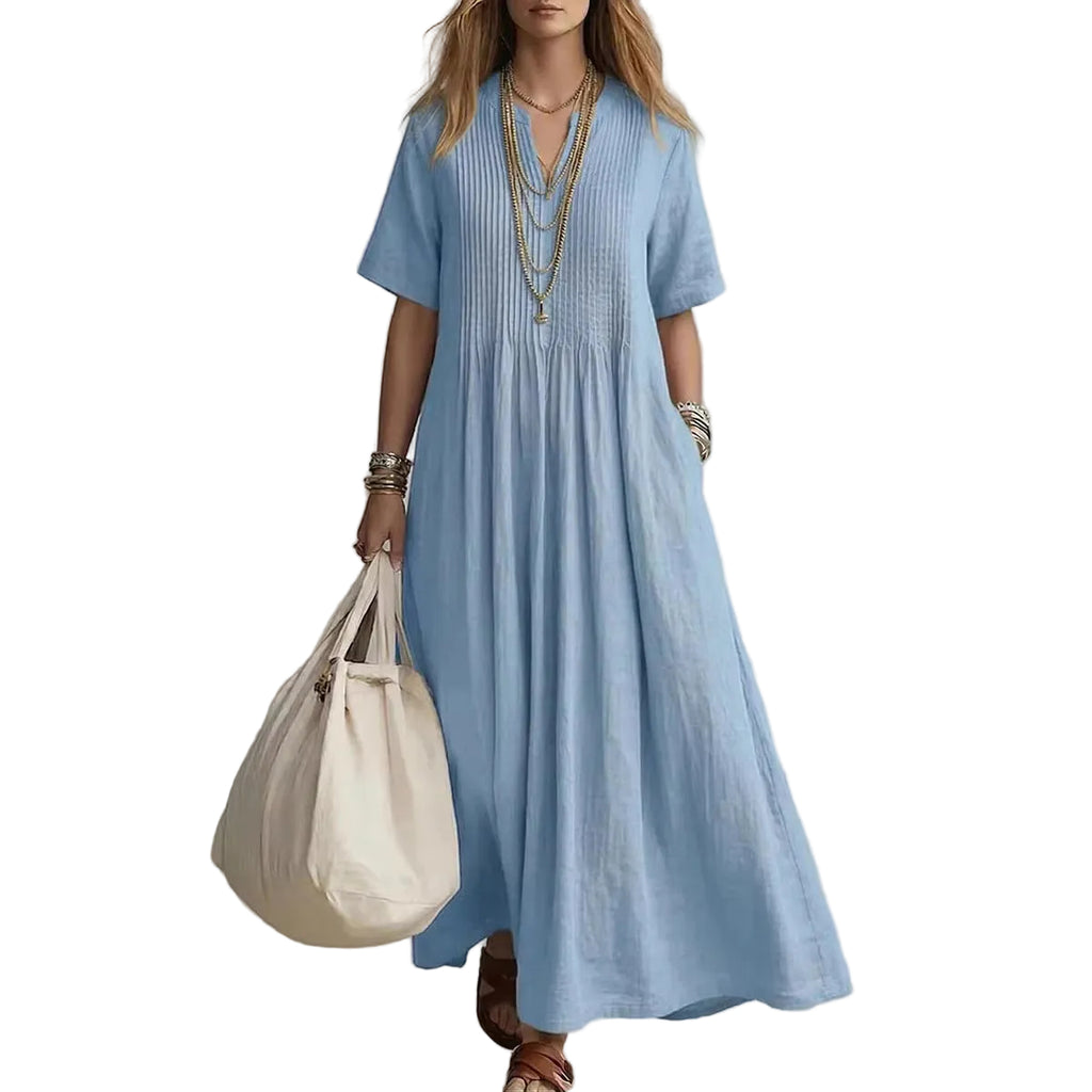 Casual V-Neck Cotton Linen Dress – Loose Pleated Short Sleeve Dress for Women